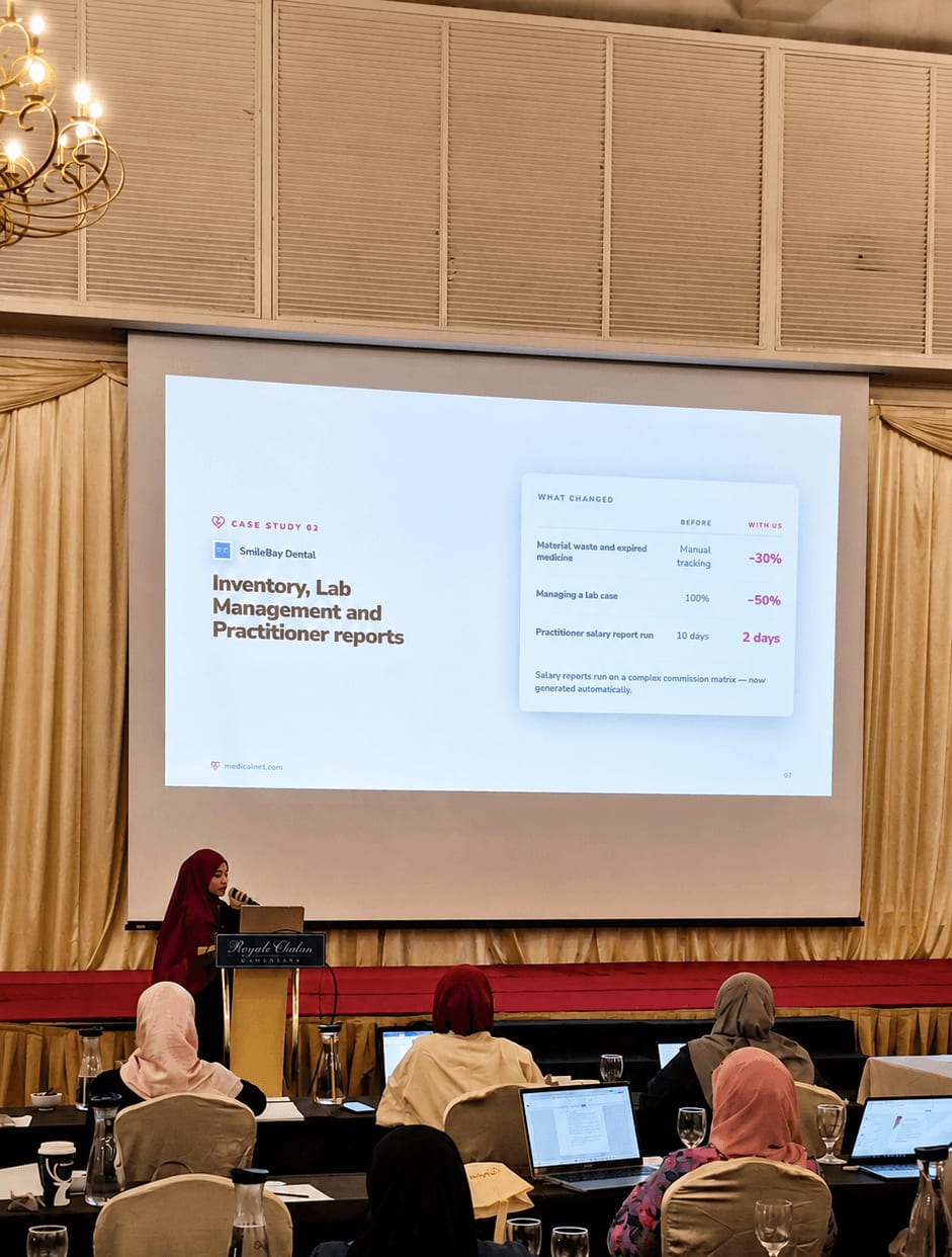 MedicalMet case study slide at the UniKlinik Incubator 2026 showing inventory, lab management and practitioner report results for SmileBay Dental — MedicalMet